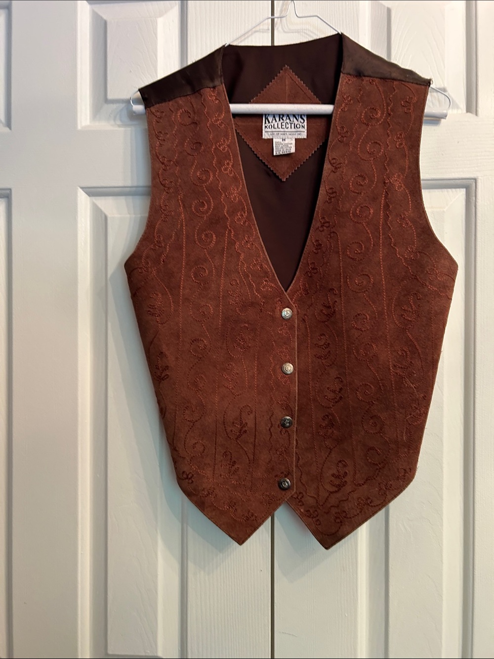 MenVintage Brown Embroidered Suede Vest, leather front satin back